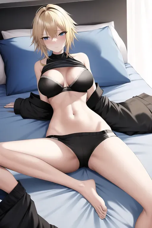 Full body, Really skinny blonde girl with a mohawk laying down on a bed, laying on back, blue bra, bra lift, no bra, showing boobs, perfect boobs, black sweatpants, embarrassed, stomach exposed, looking at viewer