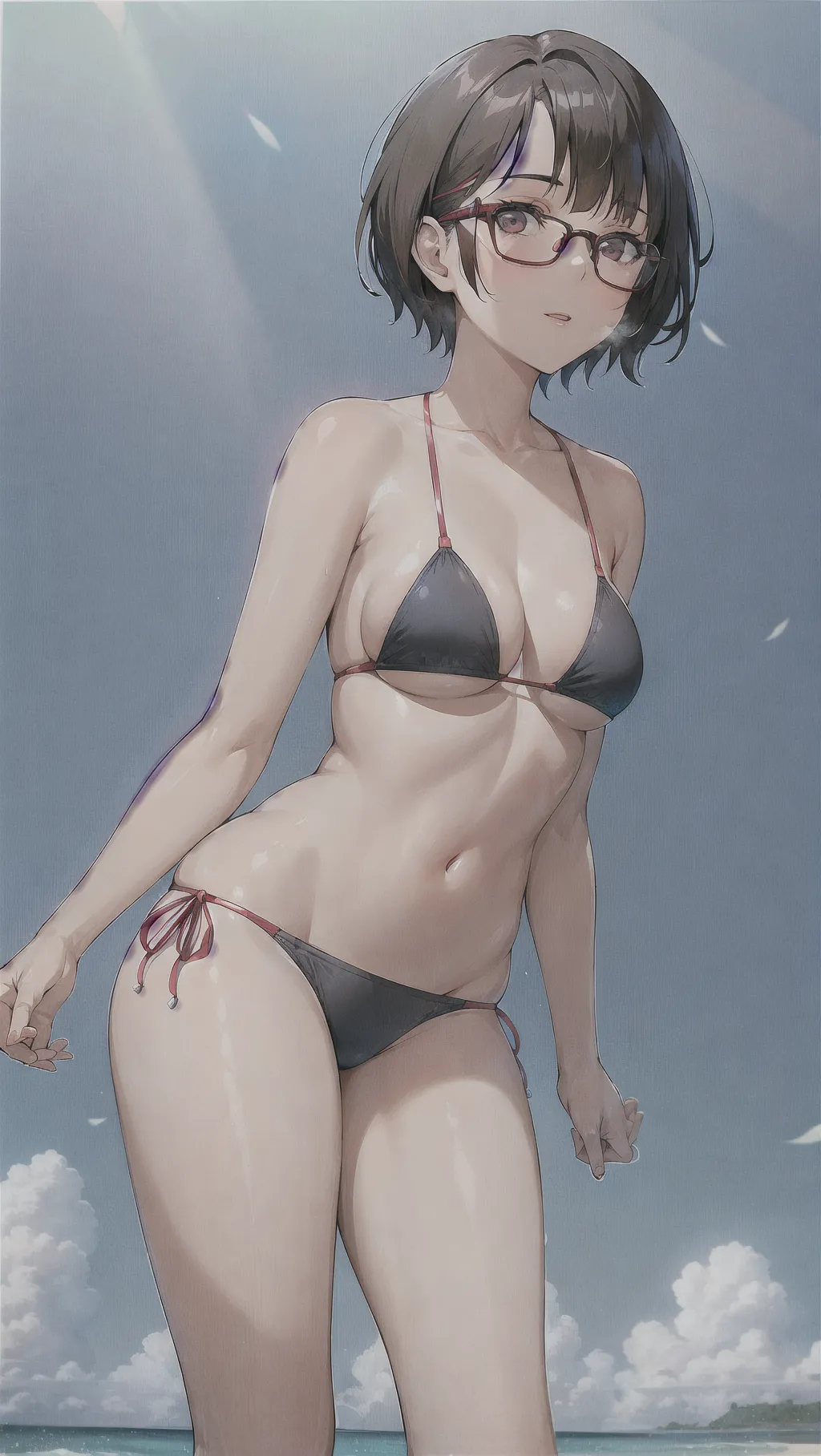 A woman, short brunette hair, glasses, nsfw, small boobs, swim suit