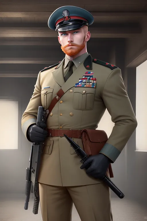 Soldier, French Foreign Legion, Sargent rank, strong, tough, shaved head, pale skin, angry eyebrows, handsome blue eyes, small nose, strong cheeks, full ginger beard, strong chin, french military field uniform, French military barret, tactical, standing aiming a realistic AR15 rifle, battle, high definition, 4k quality, excellent lighting, great shading, pristine detail, very clear picture, vibrant colors, accurate at lower promp guidence, ultra realistic, five fingers per hand.