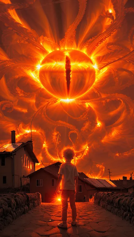 ((the sky is on fire from the sun erupting with solar flares shaped like tendrils)),
(The village beneath is on fire),
(A boy wearing white stares up at the eye in the sky),