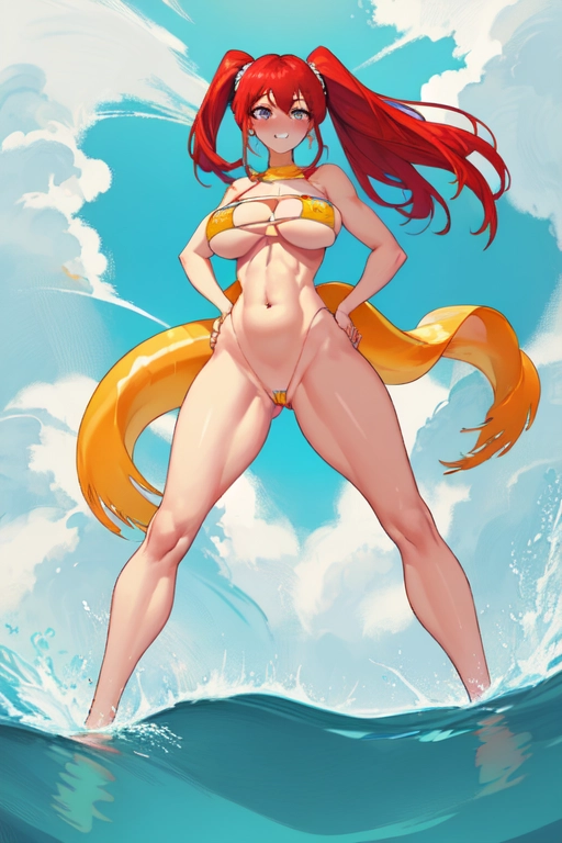<lora:eyepatch_bikini:0.9>, female, sunny beach, bikini swimsuit, skinny, small frame, (blushing:1.2), enormous soft breasts, erect nipples, slim body, slim waist, human ears, round ears, two ponytails, ((full huge tits)), bright eyes, (green eyes:0.9), large eyes, (red hair:0.9), shy grin, smirk, accurate anatomy, accurate body, accurate breast and nipples, accurate details faces, accurate legs, accurate leg position, accurate belly, accurate limbs, accurate limb position, accurate arms, accurate hands, five fingers per hand