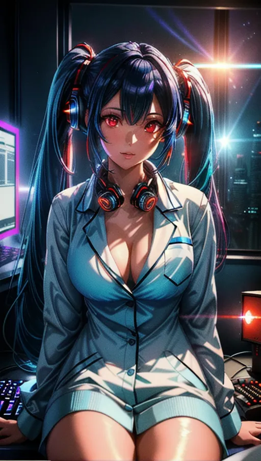 Best quality, high res, 1 adult woman, (adult woman sitting before a computer in a futuristic cyber room), (blue hair with twintails and neon headphone), (correct human anatomy), ((extremely detailed face, extremely detailed red eyes:1.3)), (beautiful detailed lips:1.1), turning to look at viewer with surpised expression, stunning dreamy atmosphere, beautiful colourful lighting, cinematic composition, vivid colours, soft artwork, (candid:1.3), <lora:dpmg_add_detail:1.05>, high rise apartment abstract night sky and galaxy space, unbuttoned soft fluffy pajamas, unbuttoned shirt, (physically-based ray tracing, photon mapping, photorealistic:1.35), high quality masterpiece, 4k, HDR, UHD, high quality fingers