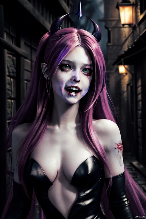 (Avril Lavigne), nude, ultra detailed face, 64k, vampire, razer sharp teeth, vampire teeth, blood on teeth, squinting menacing eyes, evil expression, dark alley, body modification, ultra detailed body image, 4k, ultra realistic, photo realistic,upper body portrait,