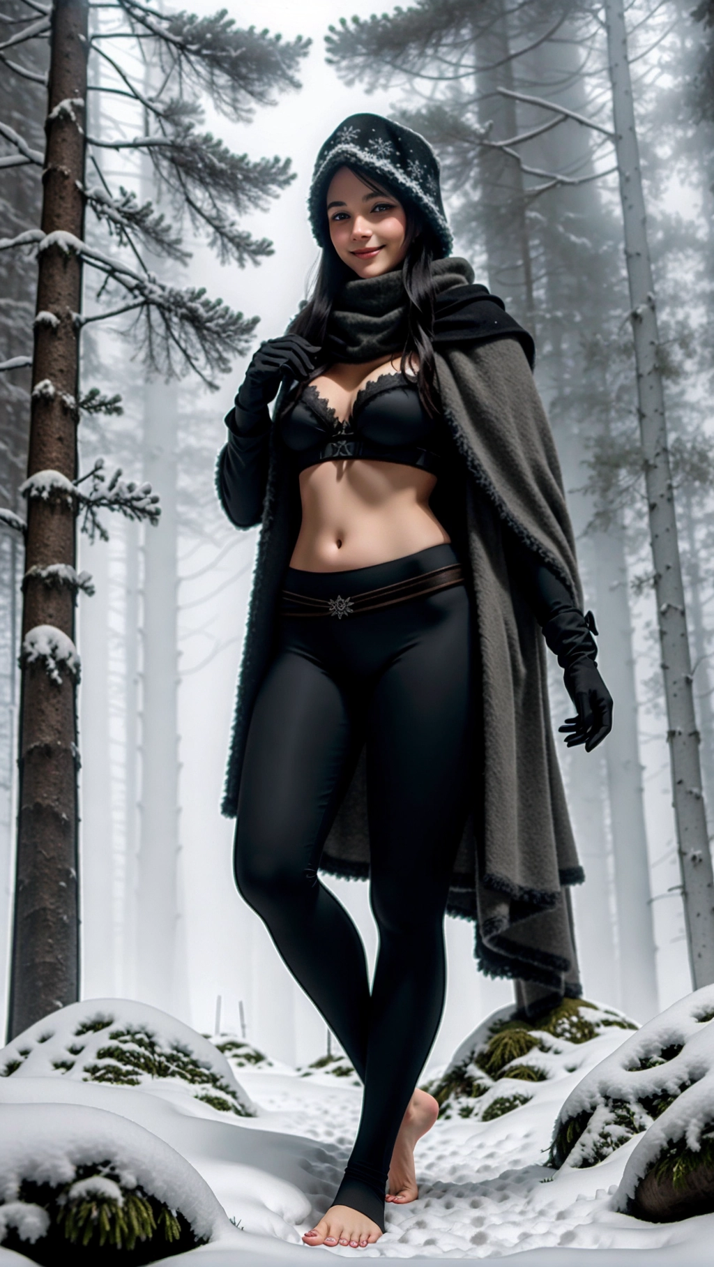 full-body image of a fit tan thin beautiful barefoot German snowy forest, (beautiful petite feminine feet: 1.2), (barefoot: 1.3), (wearing warm black medieval adventurer attire: 1.2), (long dark hair: 1.2), (German woman: 1.3), (cursed foggy dark snowy forest: 1.4), (black toenails: 1.2), (gloves: 1.3), (tights: 1.2), (magic glowing markings on feet: 1.3), (smug smirk: 1.2), (adventurer pants: 1.2),