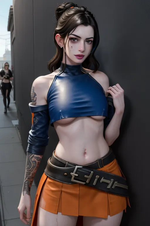 Anne hathaway, standing, Crop top, small tits, ((underboobs)), fullbody, blue and orange outfit, shirt pulled, up skirt, ((<lora:slap_mark:1>)), dpmg_face_cum_v1, dpmg_runny_makeup_v1, nipples with piercing