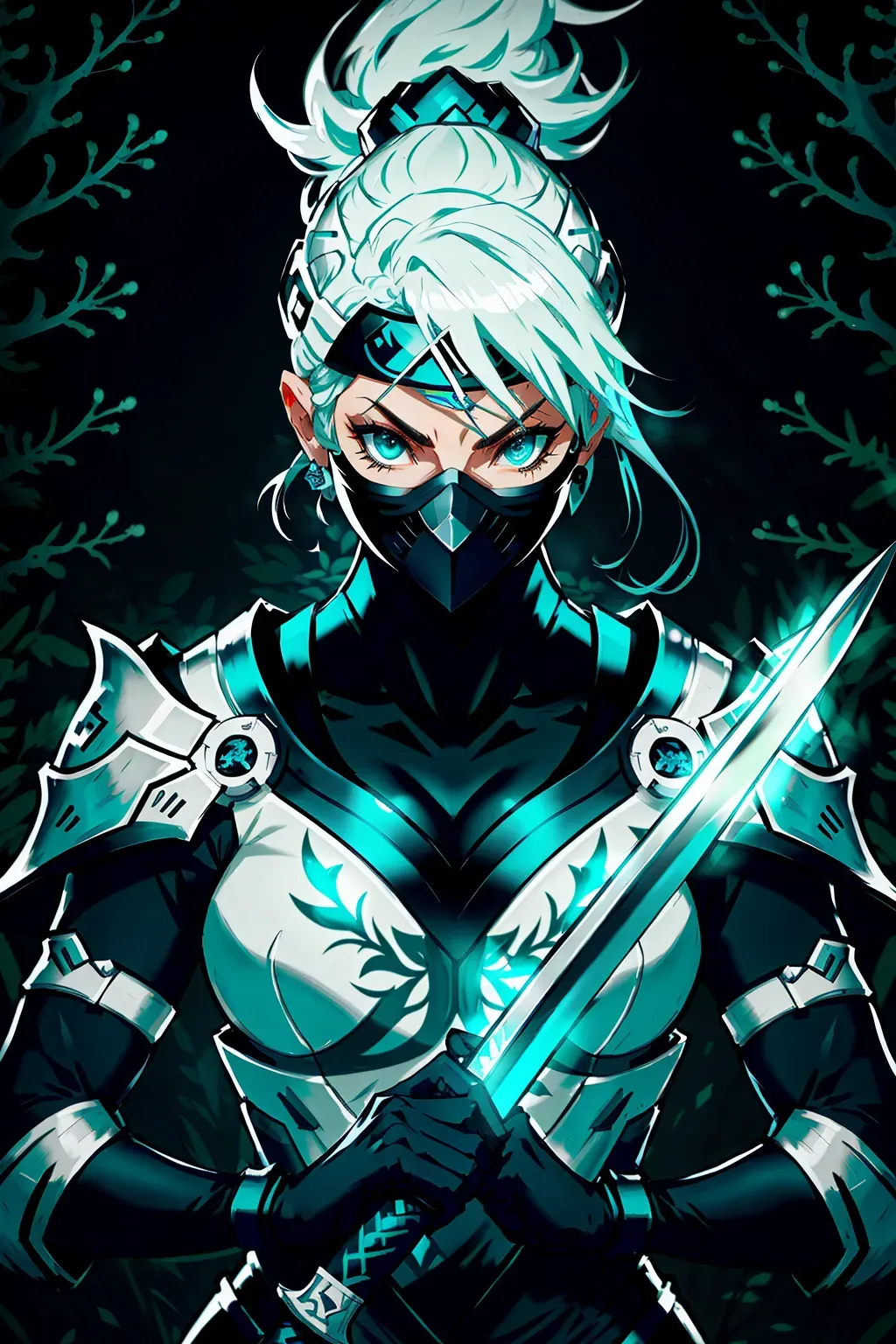 Ninja, full face mask, white, glowing teal accents, with a sword, female, 8k wallpaper, best quality, ultra hd, global lighting, hi-resolution, high quality, highly detailed, in a dark forest