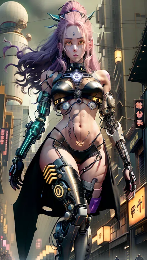 6 foot 7 woman, <lora:dpmg_mechanical_parts:1>, very pale skin, neutral expression, big tits, round ass, long purple hair reaching down to ass, piercing yellow eyes, skin tight matte black leggings, combat boots, extremely tight crop top with metal band logo on chest, cybernetics, ((((cybernetic right arm and hand)))), (scar running from left temple to jaw), ((((stood in the street at night)))), raining, full moon, ((tattoo on torso resembling circuitry)), (((((beautiful face))))), masterpiece, very high quality,