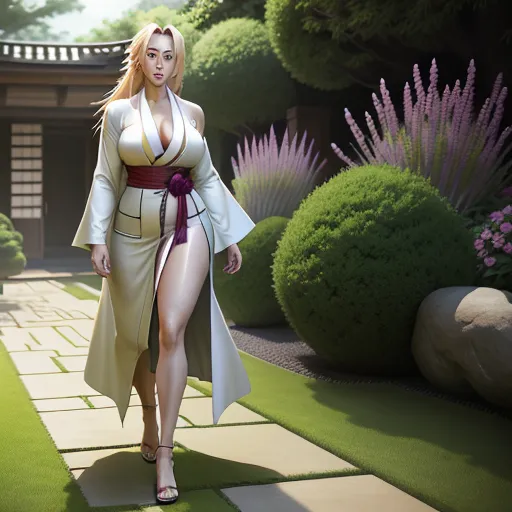 tsunade wearing an open and loose robe walking in a garden, excellent lighting, high resolution, perfect face