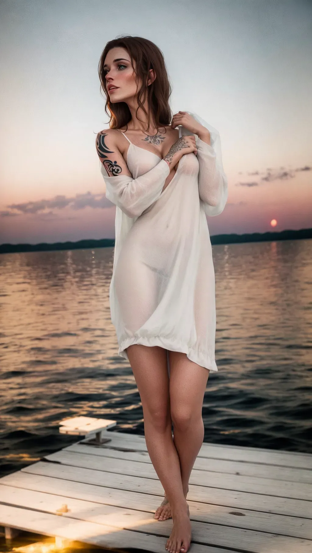 Brown hair girl wearing white nightgown standing on a pier on a lake, barefoot, small breast, skinny. Tattooed,