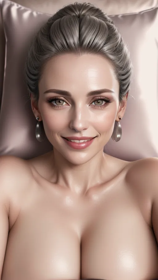 face close up photo, solo 30 year natural old french lady, Round grey eyes with straight nose and plump lips, teasing smile, nice teeth, leathered layers hairstyle, lying on a pillow, naked breasts, earrings, Broad Lighting, (8k high resolution photo), <lora:dpmg_imminent_fuck:1>, moaning face