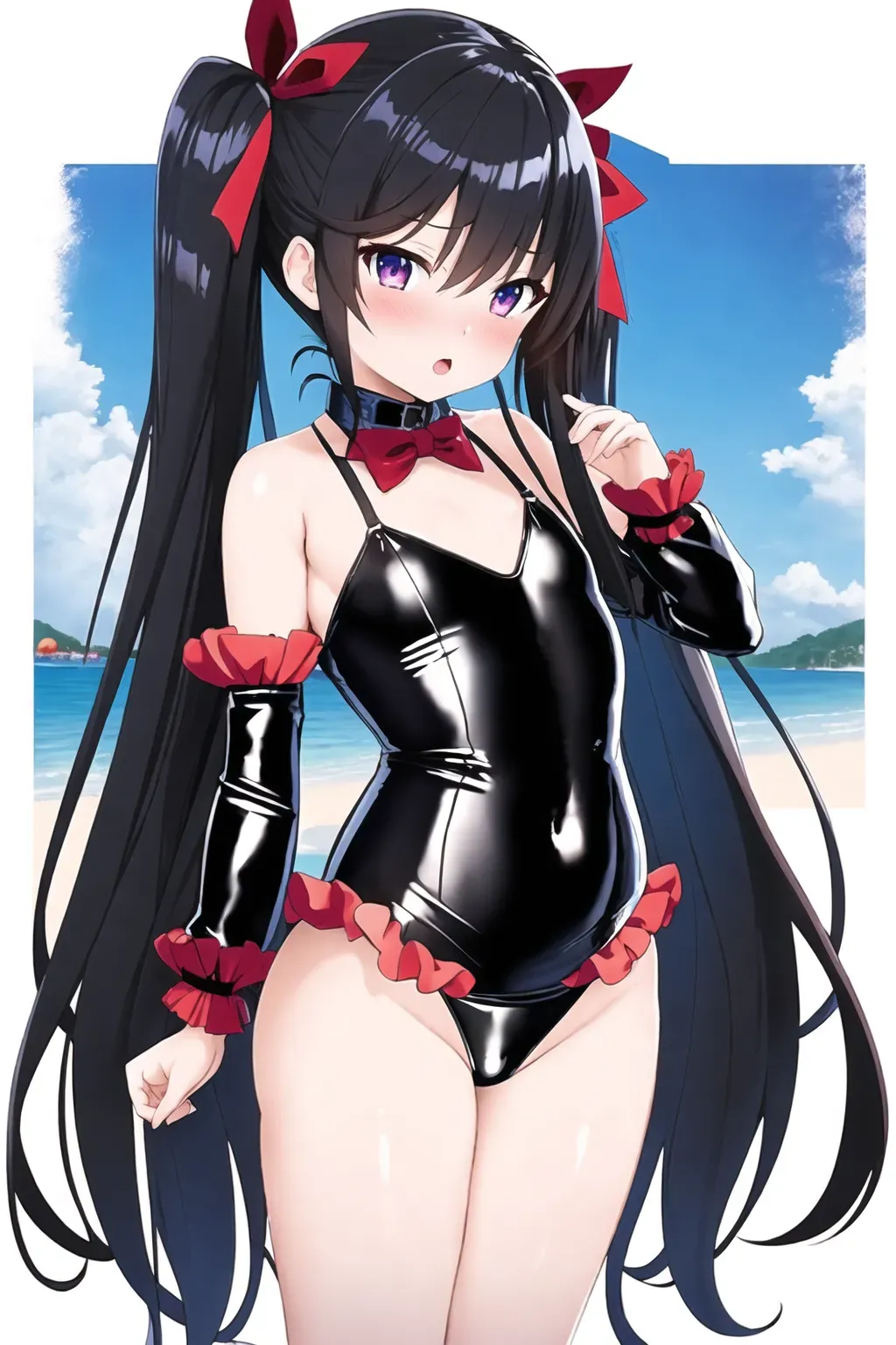 hentai image, girl, full body, flat chest, small boobs, petite, ribs, latex top covering chest, pale skin, long hair, black hair, pigtails with red ribbons, blue eyes, blushing, standing, beach, sunny sky, looking at viewer