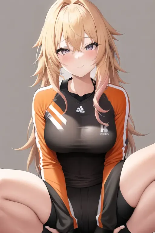 A girl with medium length blonde hair and pink highlights and grey eyes wearing an orange and black volleyball uniform