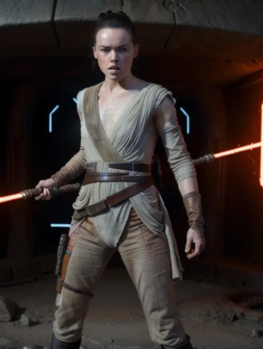 a photograph of, cosplay porn, daisy ridley as rey in the force awakens, chained by the wrists, clothes ripped torn, exposed, dark alien dungeon