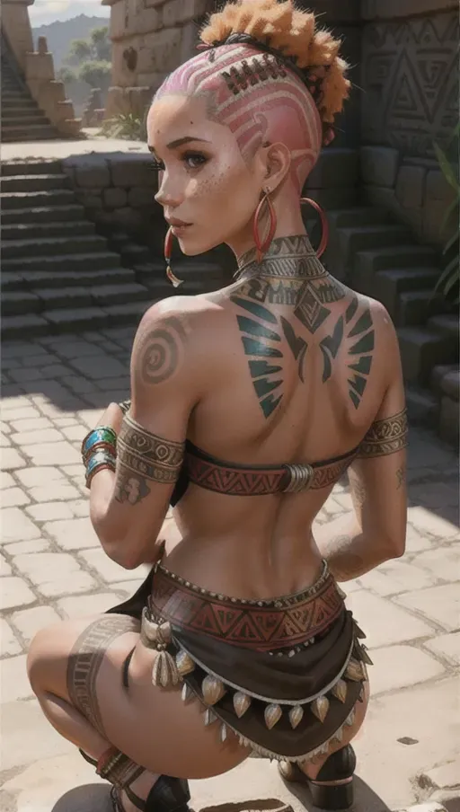 meghan markle aztec warrior girl with shaved hair,tattoo, view from behind, on one knee, looking back over shoulder,cute ass, heat wave lighting, Aztec Warrior outfit, natural skin texture, slight freckles, graffitti walls, Aztec temple location,