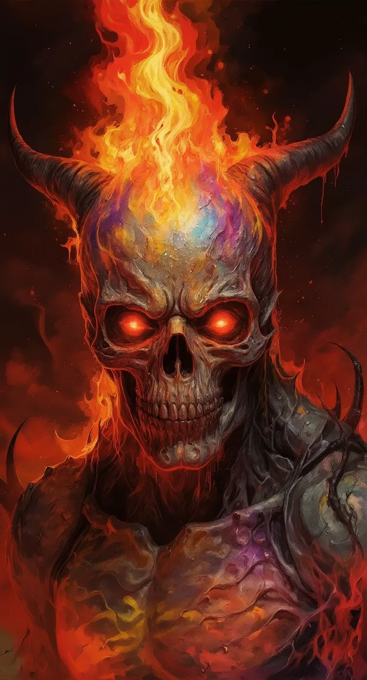 keep core image , add a hellish background in a colorful colorsplash style , clear depth of field to create a 3d effect, the flame coming from top of the skull is more like fire