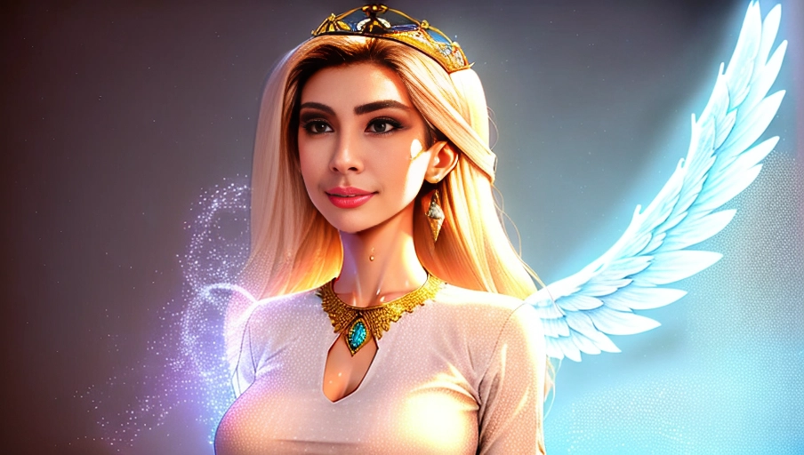 a 64k high detailed photo of body shot of straight Female HDR Professional ((In clothing))) ((Has Attire)) Godly Ultra Detailed Best Quality Most Detailed ((Angel Wings)) Angelic Lighting Love Hope Magic casting Crown Smiling Queen happy Glory Warrior Angels Angelics Positivity Happiness ecstasy enraptured sweaty saving God Royalty Morality Goodness True Good Power Force Authority Ethical Saviour Halo short Hair Always and Forever Sentimental in heat hot ultra hot best best lighting tantric Neutral Brilliant Logical Compassionate Perfect Perfection Exciting Integrity Winged Courage Purity Harmony Beauty mark on upper lip ((Female)) Ethereal Lighting Celestial Lighting (((With Clothes))) ((With God Item)) ((God Tech)) with items of power God Wings