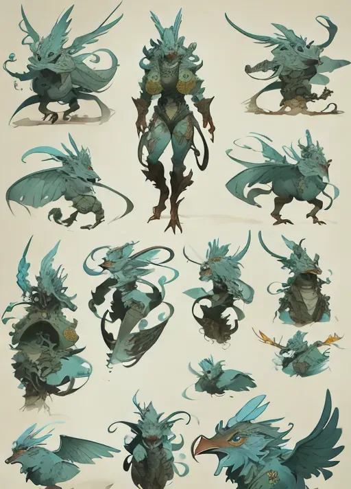 ((8k, high detail, high resolution)) character design sheet from artist Edward binkley of a monster riding a cryptozoology bird.