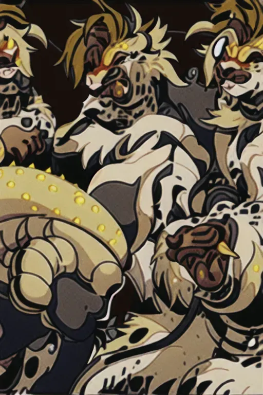 ghibli style , 1 girl, Furry , golden brown fur on fullbody well groomed royality statis, fit bodytype, cheetah dragon leopard hybrid chimera, black side part spikey to right side hairstyle, cat like lion nose furry , beige natural spotted leopard spots, sun themed collar choker , catlike fur on face cheeks fluffy, long fur on face on sides femine furry feature, dragon spiral horns on head coming out of head 2 horns, whistling a tune music note shown, bold badass looking, apex hunter of the forest, hunting hunter equipment, furred belly showing hunter croptop on, massive tiger claws coming out of hands fingers, ((masterpiece)), absurdres <lora:dpmg_ghibli_style:0.92>