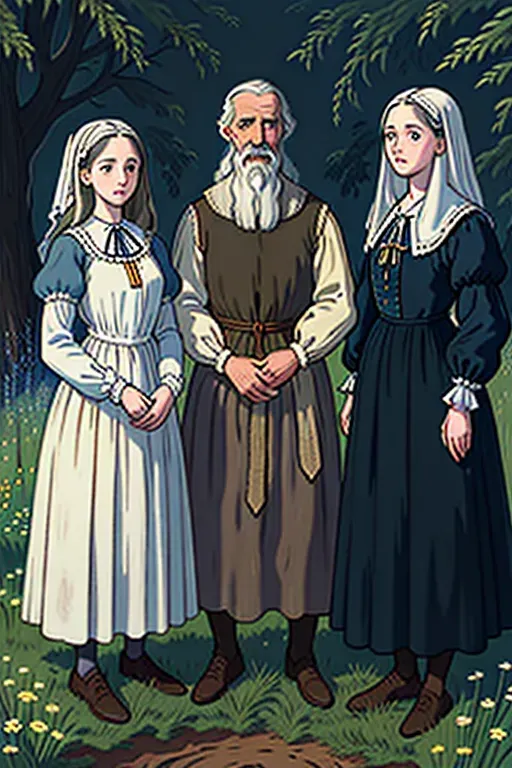 illustration, portrait, 8k, best quality, natural colors, highly detailed, clear lines. Early 17th century portrait. Three persons. Two Anabaptist beautiful young woman standing with their handsome, rugged, strong father, all of them wearing traditional plain clothing. All three standing together outside in a meadow.