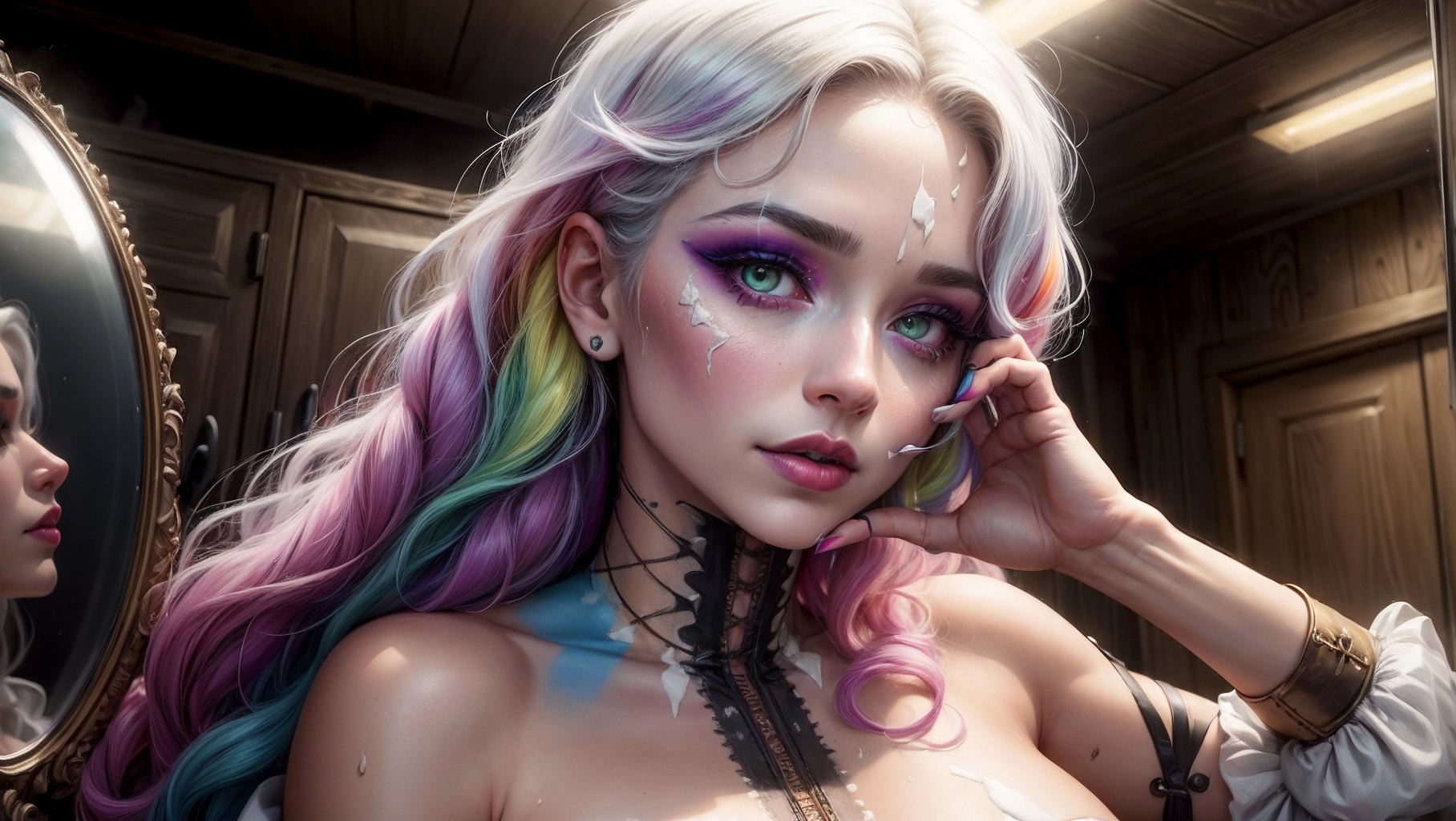 1 digital professional photograph,
1 beautiful ((harlequin)) woman 19 ((cleans her ((white and rainbow makeup:1.3)) from her face)) in her (cramped:1.2) old trailer, wavy (purple:0.3) hair, she is sat besides a mirror, her (((opened:1.6)) ((unlaced:1.6)) harlequin vest) exposes her natural breast, ultra detailed (shiny:1.2) green eyes, beautiful red lips, ((((powder:1.2) on 1 cheek))) ((((makeup:1.3) on neck))) ((((makeup:1.3) on 1 eye))),<lora:dpmg_add_detail:0.6>, ((close-up:1.3)), ((looking away)), exhausted smile, medieval fantasy, ((breast exposed with large areola)), small cramped wood window in background, broken mirror besides, soft light with dust flowing through the old window,
cinematic lighting, cinematic composition, UHD, HDR, vivid colours, photon mapping, (highest quality:1.8), highest resolution, (photorealist:1.72), (photorealism:1.72), (masterpiece:1.18), --s 250 --v 6
