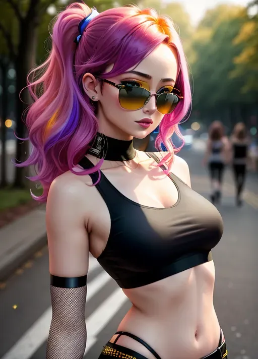 sw1mc0v3r, shirt, see-through, fishnets, <lora:sw1mc0v3r-000010:1>, from_above, crop top exposes both breasts, nipples, detailed face, yellow bodycon tank top, hair, park, sky, trees, pale skin, moonlight, stars, 1girl, Olivia Wilde, statement sunglasses, vivid colors, bokeh background, subject for emphasis, dramatic colors,