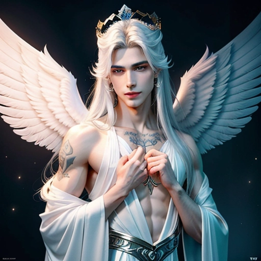 a 8k high detail photo full body shot, Male, five slender fingers ,silky hair, Handsome face ,beautiful lips, blue eyes,curved eyebrows,curved eyelid,pale skin,satisfaction,tattoo,ultra realistic,smooth,8k,studio lighting,surreal, Angel Wings, Angelic Lighting, Love, Hope, Magic casting, Crown, Smiling,