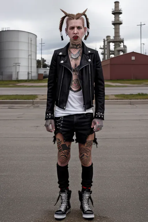 delinquent street punk in emo style clothes standing in refinery holding up the middle finger, looking at viewer, 1boy, braid, (huge ahoge:1.3), angry, closed mouth, frown, standing, torn clothes, piercings, jewelry, tattoos, finely detailed background, amazingly intricate background, incredibly absurdres, best quality, <lora:dpmg_middle_finger:1>