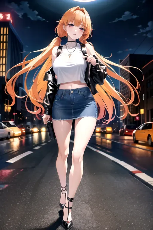 full body, strawberry blonde hair, hazel eyes, short girl, denim miniskirt, black high heels, looking at viewer, long hair, pale skin, silver necklace, black crop top, 24 years old, giant breasts, cute face, pov, wavy hair, city environment, Oklahoma City, wide eyes, erotic, skirt tug, leather jacket, nighttime, black backpack, slim body, low pigtails, running towards camera