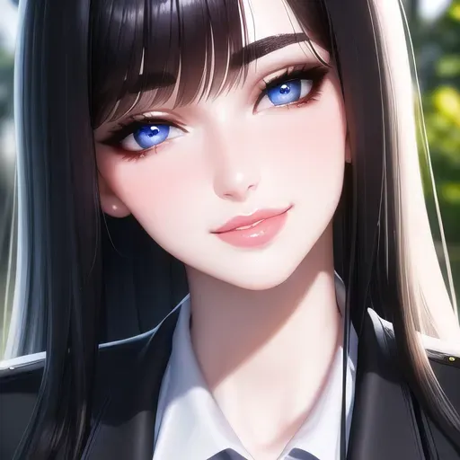 a closeup digital picture,a beautiful 18 year old girl, wearing school uniform at the garden,silky black hair,smiling, looking at the camera,beautiful lips,blue eyes,curved eyebrows,pale skin,satisfaction,highly detailed,artstation,surreal,ultra realistic,smooth
