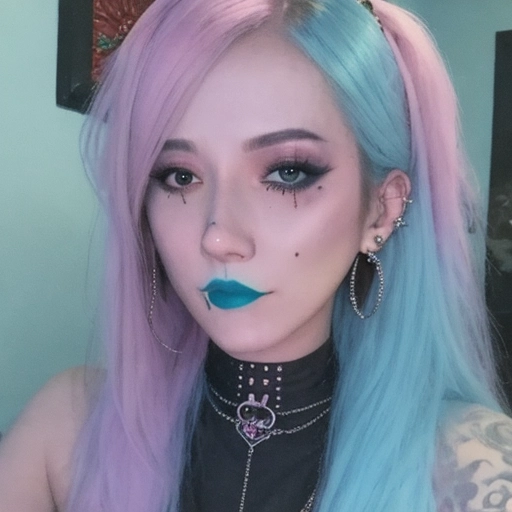 Facial piercing, emo makeup, (pastel color makeup)