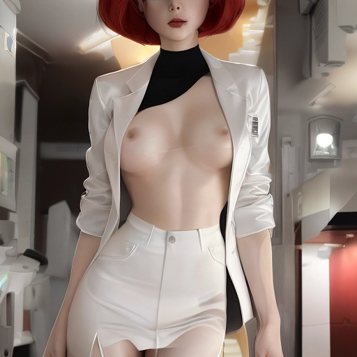 Full length, super detailed, highly realistic, NSFW view of Ddoctor Ann Possible, slim figure, long legs, red hair in a short bob, standing behind screen in hospital ward, wearing a white lab coat, unbuttoned with nothing beneath, her pert breasts and erect nipples clearly visible, wearing black stockings and nothing else, looking aroused and horny, black high heeled shoes