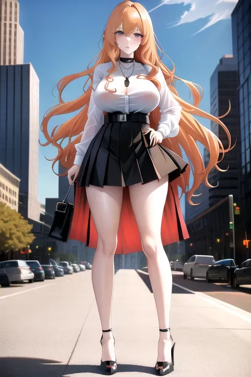 full body, strawberry blonde hair, hazel eyes, short girl, black miniskirt, black high heels, looking at viewer, long hair, pale skin, black necklace, white shirt, 24 years old, giant breasts, cute face, pov, wavy hair, city environment, Oklahoma City, wide eyes, erotic, skirt tug