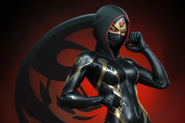 a realistic photography of, <Cobra Ninja>, 1girl, mysterious character, (((waering full black ninja suit with a red cobra symbol))), (((face covered by suit))), egyptian green eyes, small tonic body, ((handling a gold ninja star)), at the cobra temple, portrait, best of the best quality shot