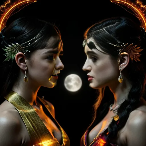 "Dynamic poses of only 2 sexy longhaired angry love goddesses:1) with hairy vaginas (Fight by invading each other's auras:1)
(Dynamic poses of two sexy longhaired goddesses face to face in duel screaming at each other:1.3)"
((Maisie Williams and Natalia Dyer))
""Aura Duel — Hindu Rati vs. Aztec Tlazolteotl
A moonlit cosmic sanctuary suspended between jungle and stars where two powerful goddesses confront one another in complete stillness, their auras alone transforming the world around them. Rati radiates a flowing aura of rose-gold and deep crimson light, shimmering like silk in warm wind, embodying longing, attraction, intimacy, and emotional fire. Her presence causes lotus petals and glowing embers to drift weightlessly through the air.
Facing her stands Tlazolteotl, wrapped in a darker, more turbulent aura of obsidian black, emerald green, and silver moonlight. Her energy pulses like storm clouds over ancient temples, embodying temptation, confession, transformation, and dangerous beauty. Around her, shadows ripple like liquid and the stars dim under her gaze.
Their auras collide at the center in a vast wave of pressure—warm radiant emotion against fierce transformative intensity. The jungle bends, moonlight fractures into geometric patterns, and the heavens tremble under the strain of two divine wills pressing against each other. No physical combat, only overwhelming presence and cosmic force. Epic scale, painterly realism, cinematic lighting, symbolic mythological fantasy, no nudity, no eroticism."