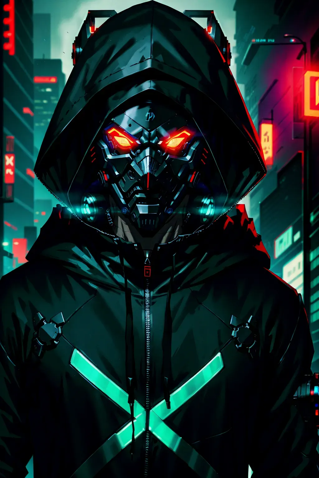 Cyberpunk, full face mask, hoodie on, glowing accents, male, 8k wallpaper, best quality, ultra hd, cinematic lighting, studio lighting, hi-resolution, high quality, highly detailed, in a city