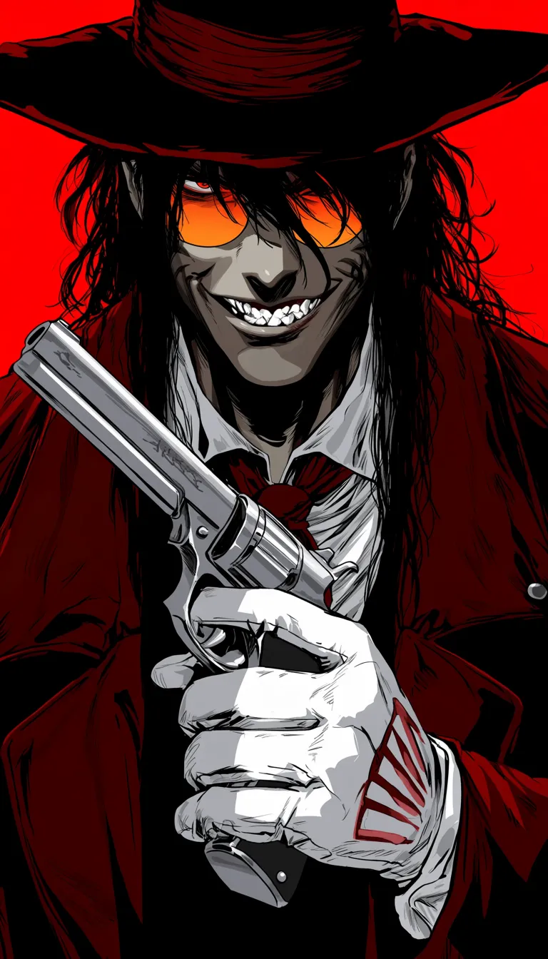 masterpiece, best quality, safe, 1boy, alucard \(hellsing\), hellsing, male focus, white dress shirt, overcoat, black hat, black hair, glasses, orange tinted eyewear, evil smile, teeth, black theme, red theme, pale skin, vampire, white gloves, holding gun, handgun