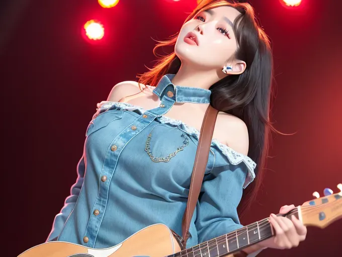 a highly detailed photo of, dpmg_asian_aesthetic_v1, best quality, ultra-hd, 8k resolution, 18 years old, light skin, beautiful face, perfect body, big rounded eyes, beautiful red lips, inocent face, highly detailed face, curved eyebrows, inocent face, correct anatomy, 8k, insanely beautiful, ultrarealistic, five fingers per hand, non nunde,((detailed hair features)),((detailed facial features)),((detailed body features)),((detailed arms features)),(textured skin),((beautiful lips)),((highly detailed)),((8k resolution photo shot)), over a stage, concert lights, singing on a microphone, playing guitar, jeans pants, lace lingerie, sunglasses, at night, back pose, thong, gstring, wide shot