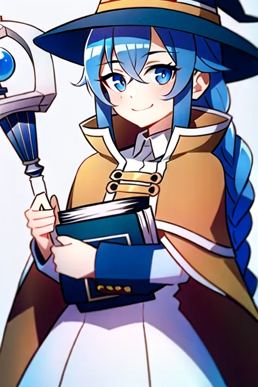 roxy migurdia, 1girl, bangs, blue eyes, blue hair, blush, book, book hug, braid, brown cape, brown capelet, brown headwear, cape, capelet, collared shirt, crossed bangs, dress, hair between eyes, hat, holding, holding book, long braid, long hair, long sleeves, looking at viewer, object hug, shirt, simple background, smile, solo, staff, tsurime, twin braids, upper body, white background, white dress, witch hat, ((masterpiece)), <lora:dpmg_roxy_migurdia:1>
