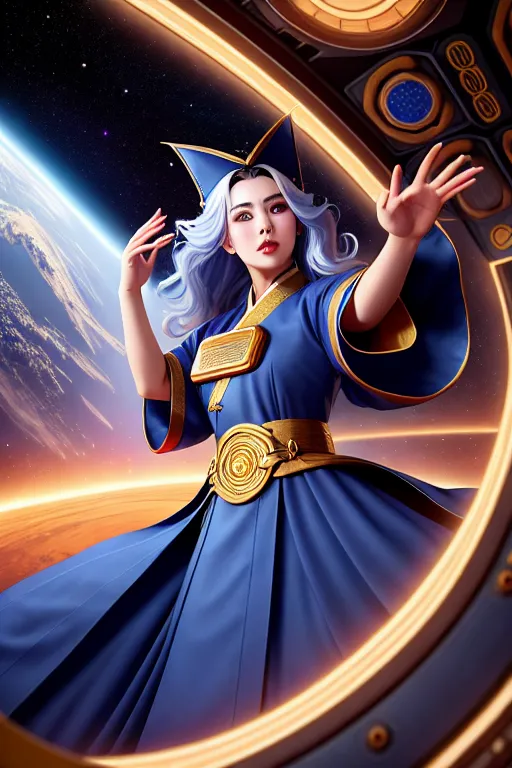 a digital art of,a wizard,wearing hanbok,all-fours,in the space station,five slender fingers,wavy curtain bang,beautiful face,beautiful lips,blue eyes,curved eyebrows,joyful,wearing golden ring,smooth,professional,unreal engine,surreal,highly detailed