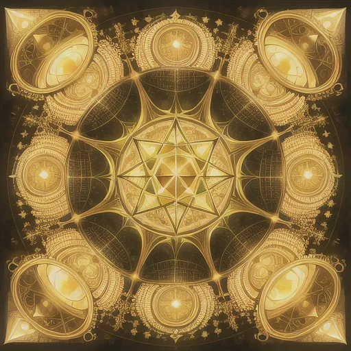 sacred geometry, pentagram, bright golden light, golden ratio, fibonnaci suite, hexahedron, mandala, infinite mirror, god rays, ((fractal)),
32k, HDR, highest quality, highest resolution,