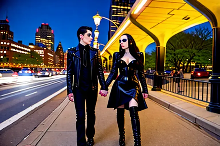 A beautiful goth vampire couple are walking together in New York City late at night, the woman is beautiful and 20 years old and has black hair and a slinky body and the man is 20 years old and handsome and this young strong and thin, both of these characters are rough edged with tattoos and a lot of leather and they both look like members of a street gang, realistic photograph, street lights