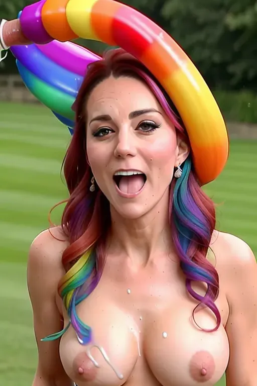kate middleton in a wedding dress, surrounded by a group of 10 men, rainbow coloured hair, cum splattered face getting a bukkake, a very thick and long penis (veiny cocks) cum covered dicks, cum squirting dicks, cumming cocks, copious cum leaking from her mouth, ropes of cum, thick gooey semen stringing on the breasts, whole body shot