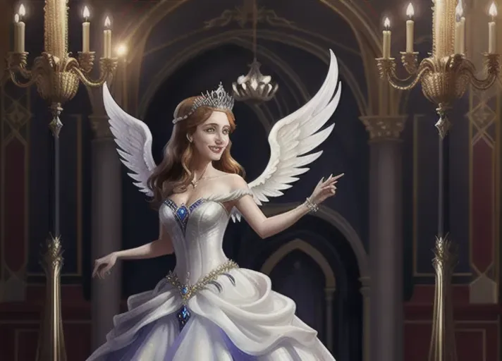 On Halloween night, beautiful auburn hair in a low hanging bun with beautiful sapphire eyes Queen Anna of Arendelle dressed in a beautiful pristine white ballgown beset with sparkling jewels, a pair of angel wings and an ornate Venetian mask, smiling and dancing with the anonymous crowd of angels and devils while indulging in fine red French wine at a late nineteenth century Saints and Sinners Masquerade ball hosted by the Marques de Sade.