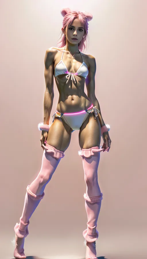 (((thick thighs))), An 8k resolution photo, ((detailed facial features)), ((8k resolution photo)), naked, without clothes, ((see full body)), wide body, thin body, small breasts, ((slim)), slender, tan white skin tone, thick legs, (((background techno rave))), ((lost look with wide eyes)), ((orgasm)), ((18 years old)), (((bikini))), (((fuzzy pink leg warmers)))