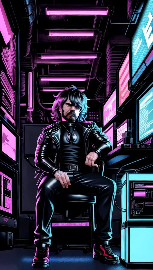 peter dinklage in a cyberpunk setting, wearing a leather jacket, learning to hack, with cybernetic augments