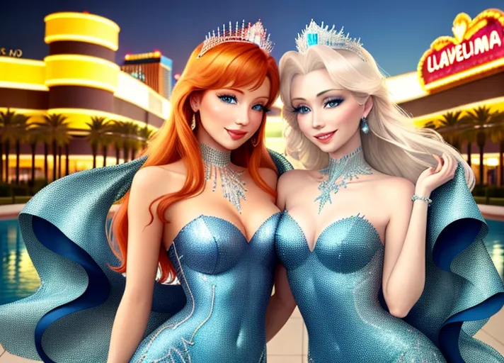 beautiful auburn haired Queen Anna in green and her platinum haired Sister, Elsa in blue, with their beautiful sapphire eyes, visit dazzling Las Vegas Strip at night. Their warm sweet smiles brightening every day.