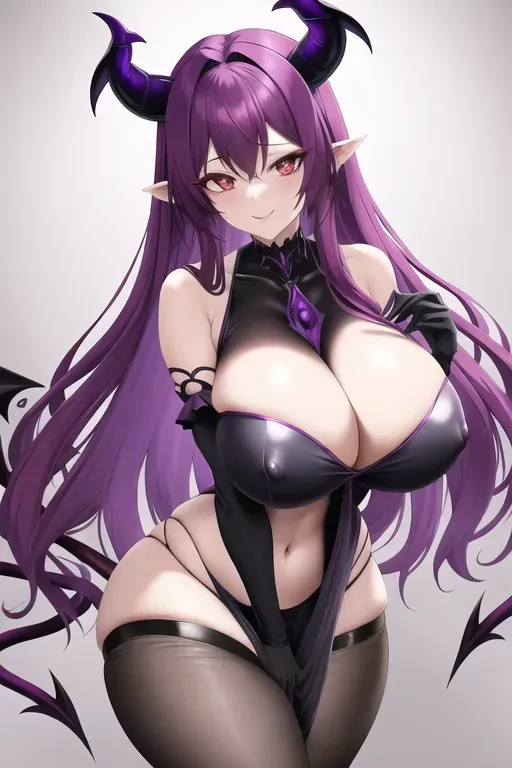 Demon girl with purply hair, her breasts are large and round, her horns are curving upward and she has two tails, one short and one long curling around her hips and hanging down her thighs