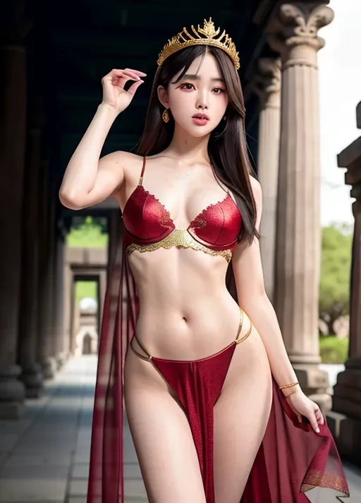 a highly detailed photo of,dpmg_asian_aesthetic_v1, ((detailed hair features)),((detailed facial features)),((detailed body features)),a highly detailed photo of, best quality, ultra-hd, 8k resolution, 18 years old, light skin, beautiful face, perfect body, big rounded eyes, beautiful red lips, inocent face, highly detailed face, curved eyebrows, inocent face, correct anatomy, 8k, insanely beautiful, ultrarealistic, five fingers per hand, non nunde,((detailed arms features)),(textured skin),((beautiful lips)),((highly detailed)),((8k resolution photo shot)), perfect body, small waist, full body, skinny body, cinematic lighting, long shot, wide shot, full shot, wearing a lace toga, wearing veil, wearing a crown, sexy pose, walking inside an ancient temple, sunshine