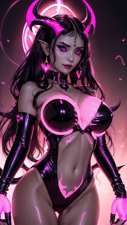 best quality, (((ultra high res))), (((detailed face and eyes))), (perfect face), (big shining heart choker), earrings, jewelry, (((big glowing succubus mark))), ((((big glowing succubus bodymark)))), (((conjuring))), (witch), ((long voluminous hair)), (((gloves))), ((black hair)), (((golden bracelet))), (((huge hair cuff))), topless, (((pink glowing dress))), ((face closeup)), (lipstick), (((neckholder))), ((((demon tail)))), ((black long sleeves)), ((purple glowing heart)), (((big cameltoe))), (((demon mark))), heart on womb, (((((bright pink glowing skin tone))))), (((straight black hair))), ((pink glowing clothes)), ((huge boobs)), ((luminescent))