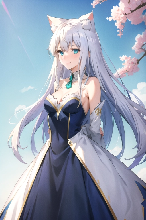 best quality, highres, ultra-detailed, neko, nekomimi, neko_ears, neko_tail, ((white_hair)), blue-green_eyes, upper_body, lower_body, small_breasts, cleavage, very_long_hair, (((detailed hands))), (((18))), aduld, highly detailed, wide shot, , (((correct anatomy))), blue_dress, (((long_dress))), ((wide_clothes)), ((small_thighs))), adventurer_outfit, thin, ((sfw)), safe_for_work, <lora:dpmg_violet_evergarden:1>, elegance, wedding_dress, snowy_landscape, happy_shy_smile, ((arms_behind_back))